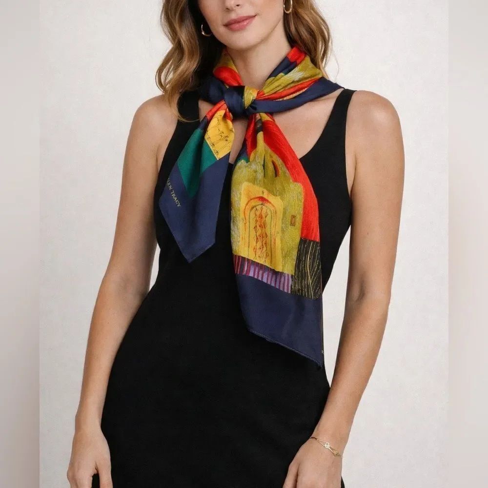 Ellen Tracy 100% Silk Scarf Abstract Colorblock Print Hand Rolled 33.5 x 34